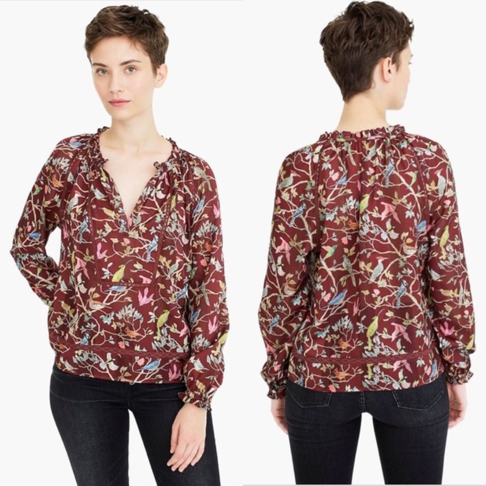 Women's J Crew Point Sur Ruffle-neck Popover  Menagerie Boho  Blouse Size S